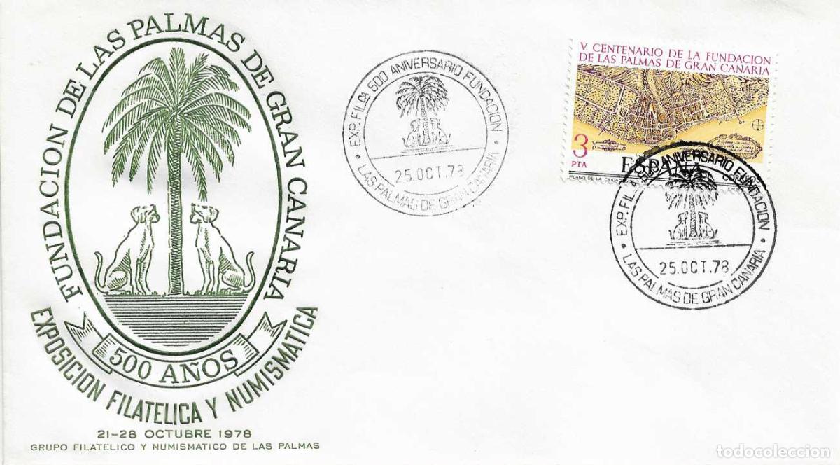 Sellos: EXPOSICION 500 ANIV FUNDACION, LAS PALMAS (CANARIAS) 25 OCTUBRE 1978. RARO MATASELLOS EN SOBRE VERDE