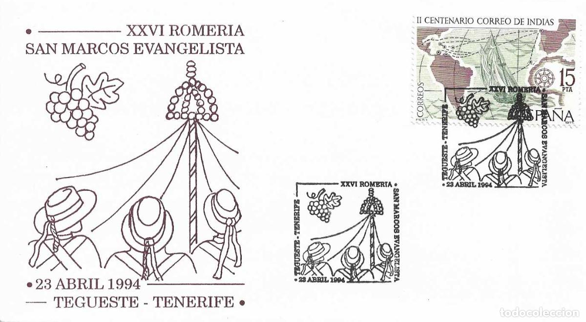 Sellos: VINO XXVI ROMERIA DE SAN MARCOS, TEGUESTE (CANARIAS) 1994. MATASELLOS EN SOBRE ILUSTRADO MUY RARO