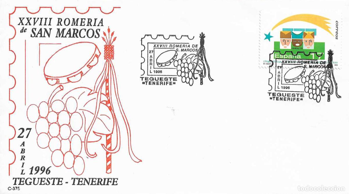 Sellos: VINO XXVIII ROMERIA DE SAN MARCOS, TEGUESTE (CANARIAS) 1996. MATASELLOS EN SOBRE ILUSTRADO MUY RARO