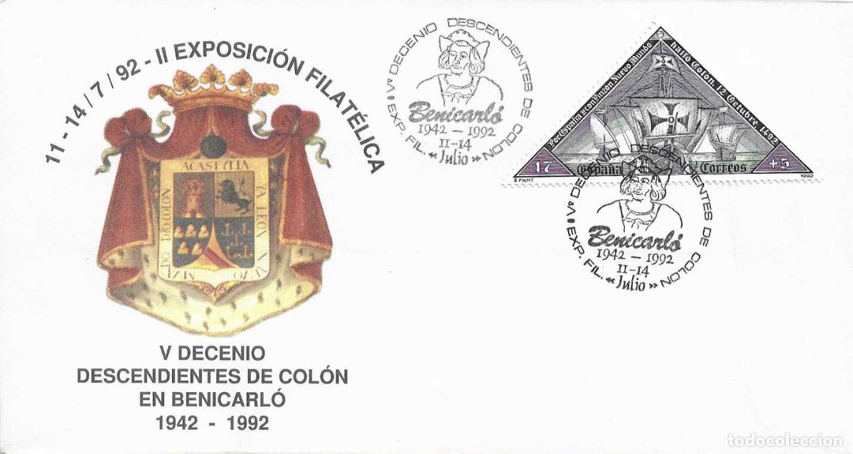 Sellos: COLON V DECENIO DESCENDIENTES EXPOSICION, BENICARLO (CASTELLON) 1992 MATASELLOS RARO SOBRE ILUSTRADO