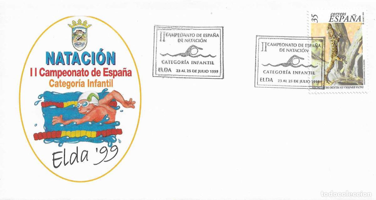 Timbres: NATACION CATEGORIA INFANTIL II CAMPEONATO DE ESPA&Ntilde;A, ELDA (ALICANTE) 1999. MATASELLOS EN RARO SOBRE
