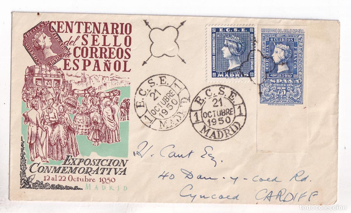 Sellos: SOBRE PRIMER D&Iacute;A. MADRID. 1950. CENTENARIO DEL SELLO. - Foto 1