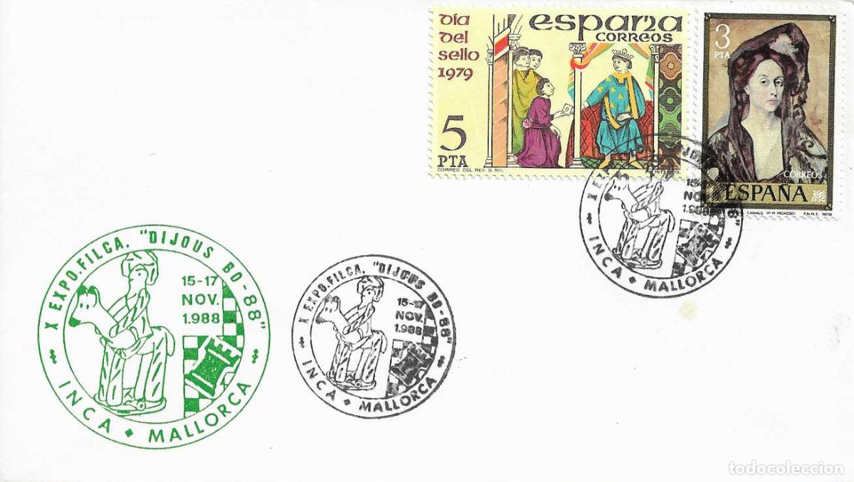 Stamps: AJEDREZ X EXPOSICION DIJOUS BO 88, INCA (BALEARES) 1988. MATASELLOS EN RARO SOBRE ILUSTRADO