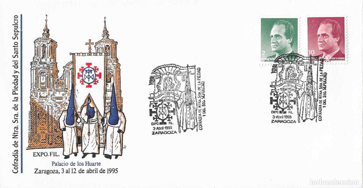 Briefmarken: SEMANA SANTA COFRADIA NTRA SRA DE LA PIEDAD, ZARAGOZA 1995. MATASELLOS RARO SOBRE ILUSTRADO RELIGION