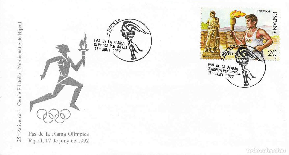 Sellos: JUEGOS OLIMPICOS PAS DE LA FLAMA OLIMPICA PER RIPOLL (GERONA GIRONA) 17 JUNIO 1992. MATASELLOS RARO