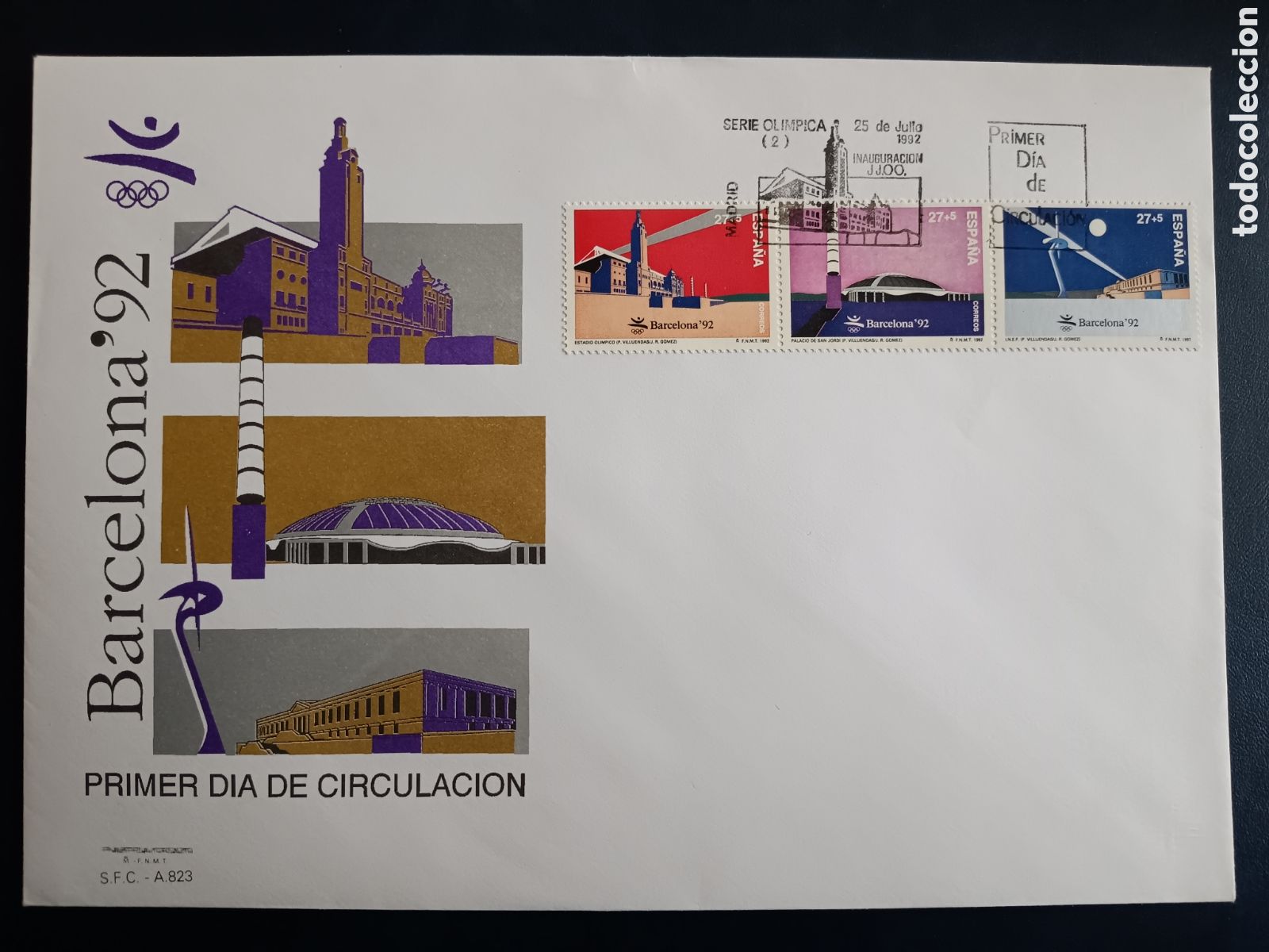 Sellos: SOBRE PRIMER D&Iacute;A - BARCELONA 92 SERIE OLIMPICA (2) - 25 DE JULIO DE 1992