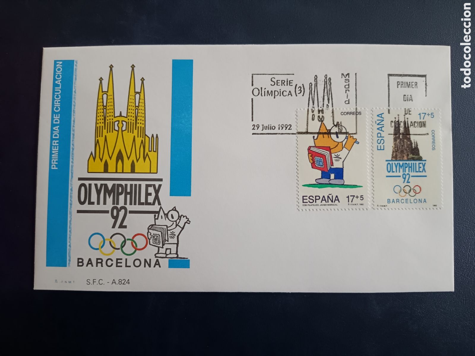 Sellos: SOBRE PRIMER D&Iacute;A - BARCELONA 92 SERIE OLIMPICA (3) - 29 DE JULIO DE 1992