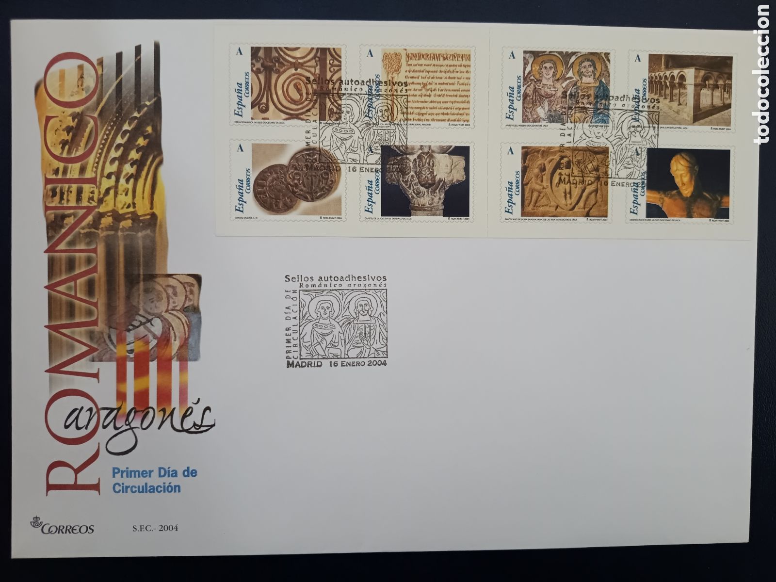 Timbres: SOBRE PRIMER D&Iacute;A - ROM&Aacute;NICO ARAGON&Eacute;S - 16 DE ENERO DE 2004