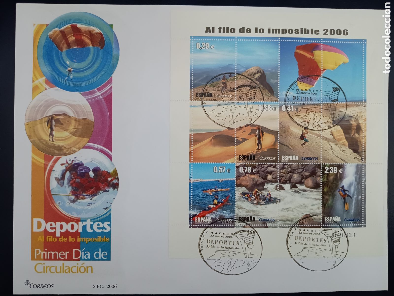 Sellos: SOBRE PRIMER D&Iacute;A - DEPORTES - AL FILO DE LO IMPOSIBLE - 22 DE MARZO 2006