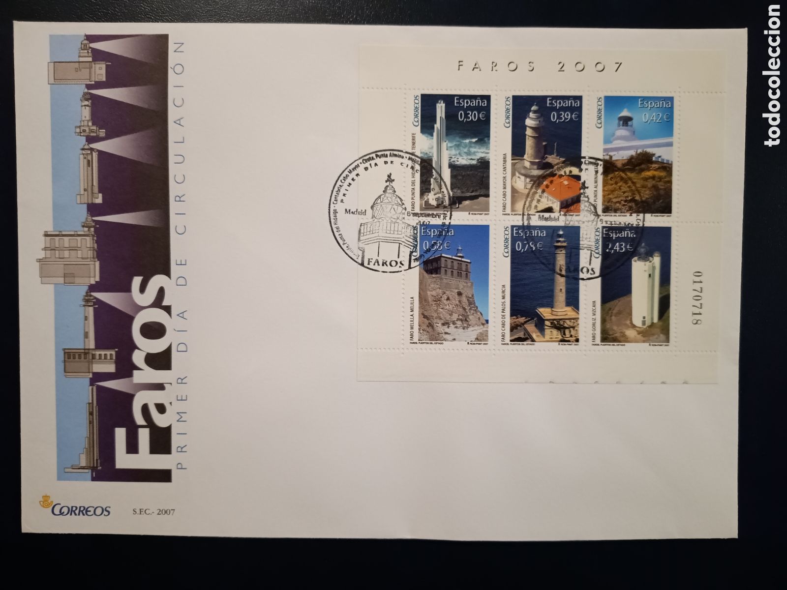 Sellos: SOBRE PRIMER D&Iacute;A - FAROS - 6 DE SEPTIEMBRE DE 2007