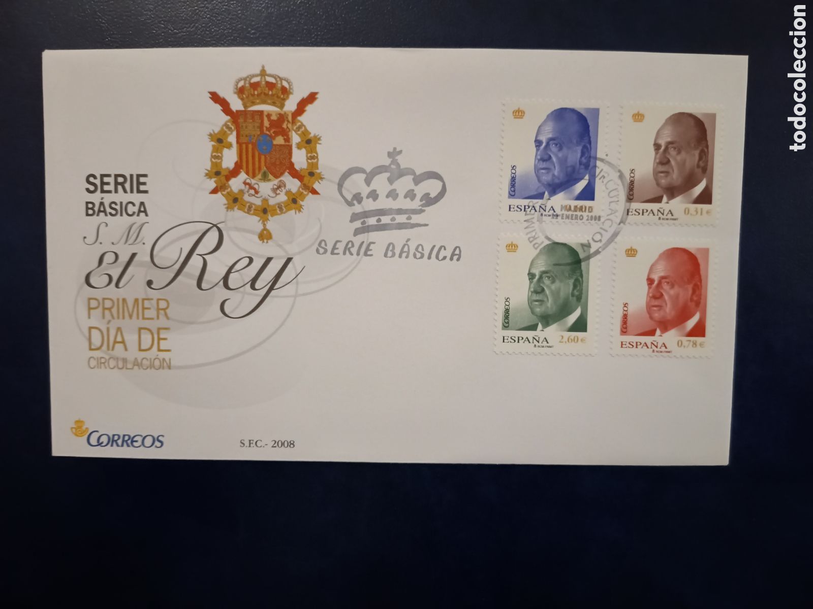 Timbres: SOBRE PRIMER D&Iacute;A - SERIE B&Aacute;SICA - 22 DE ENERO DE 2008