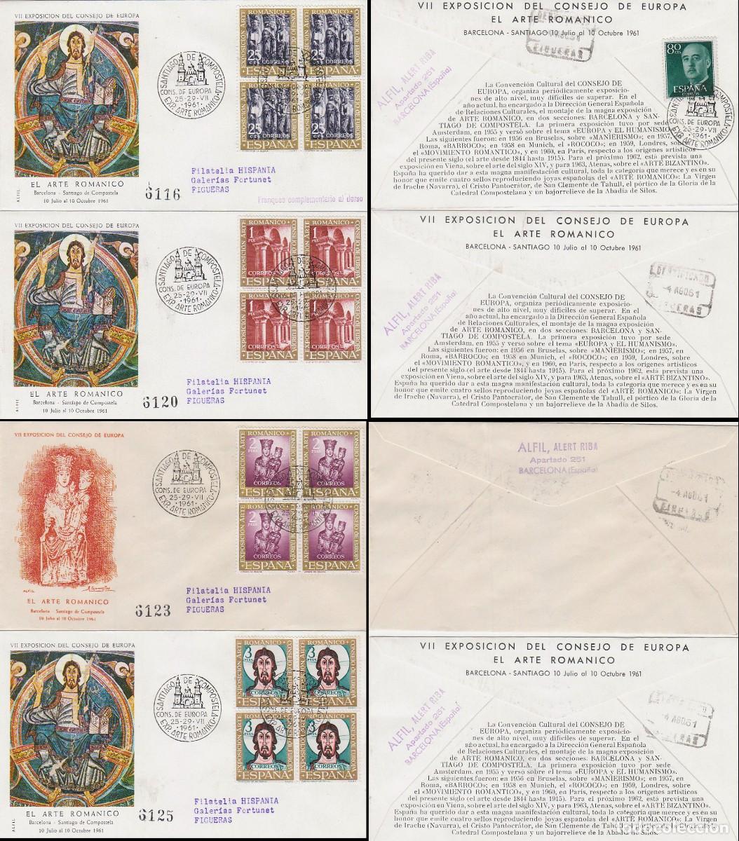 Selos: EDIFIL 1365/8, ARTE ROMANICO, PRIMER DIA DE 24-7-1961 SERIE COMPLETA CIRCULADA EN BLOQUE 4, MUY RARO