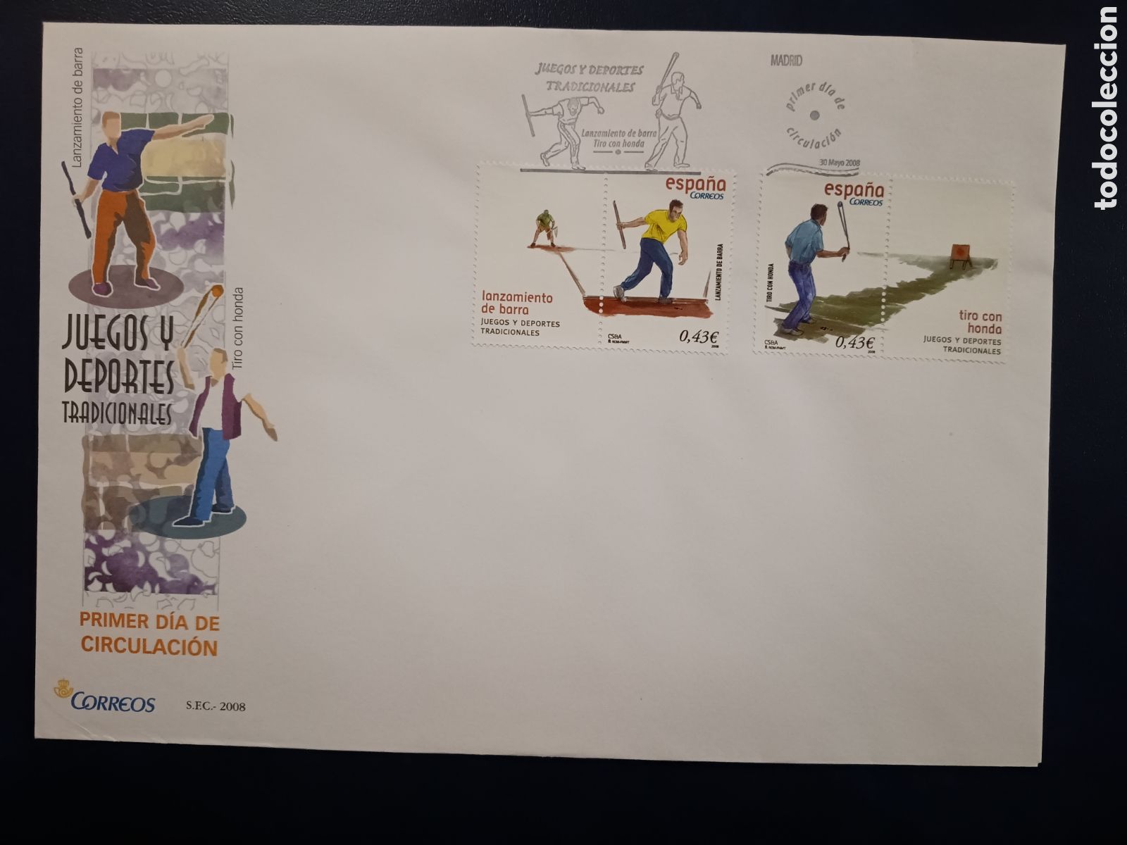Sellos: SOBRE PRIMER D&Iacute;A - JUEGOS Y DEPORTES TRADICIONAL - TIRO HONDA Y LANZAMIENTO BARRA - 30 MAYO DE 2008
