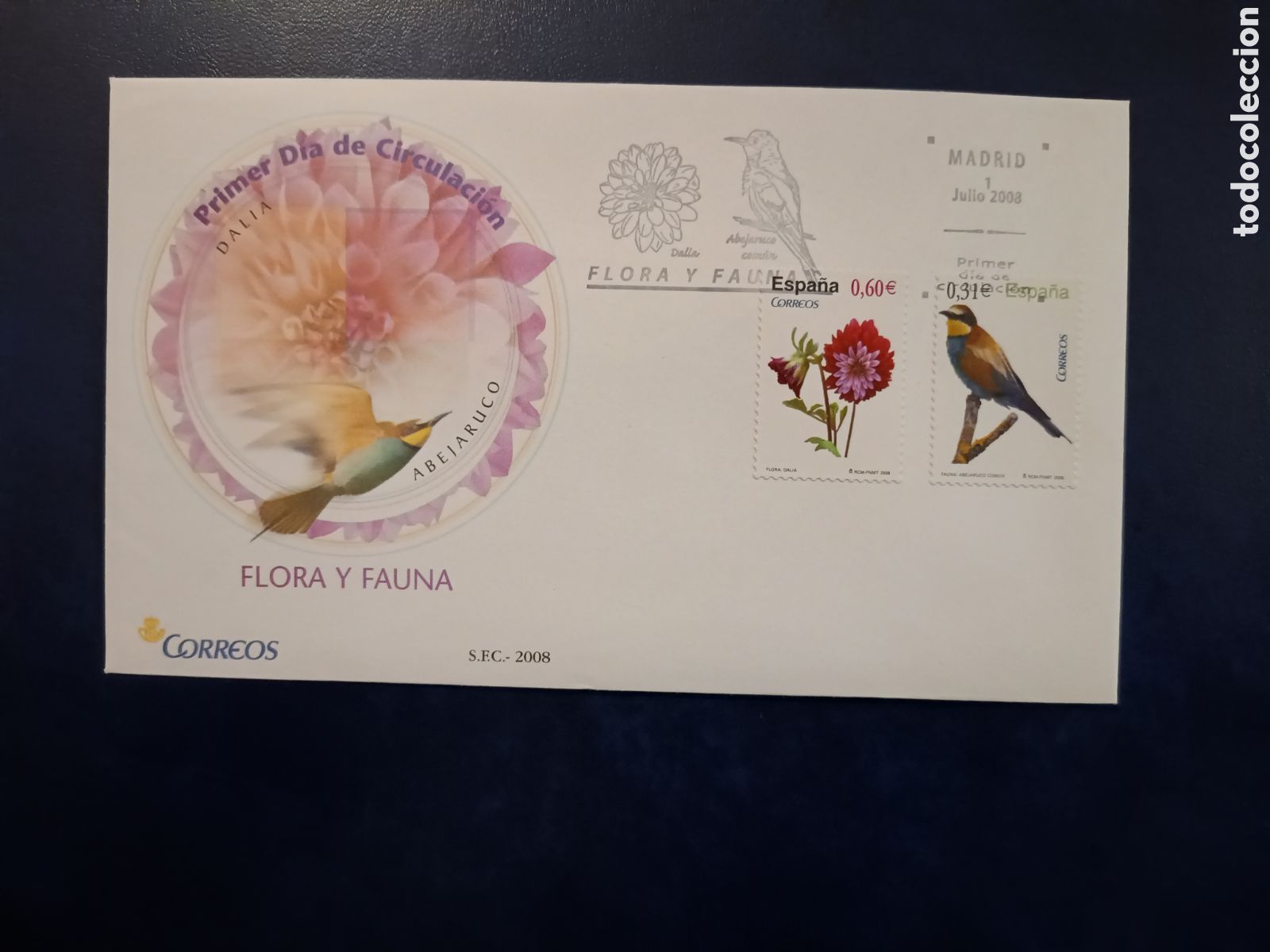Sellos: SOBRE PRIMER D&Iacute;A - FLORA Y FAUNA - ABEJARUCO - DALIA - 1 DE JULIO DE 2008