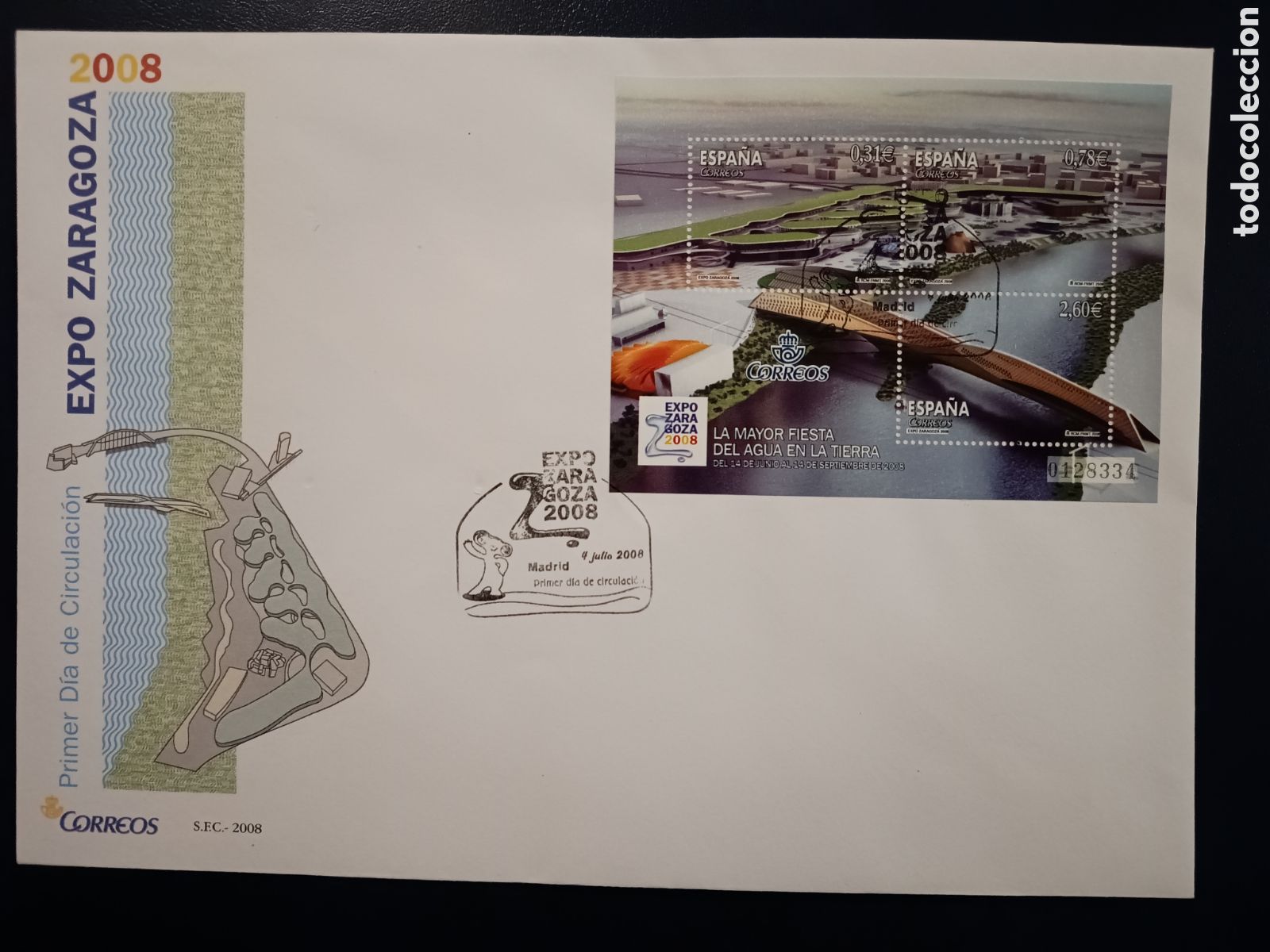 Sellos: SOBRE PRIMER D&Iacute;A - EXPO ZARAGOZA -LA MAYOR FIESTA DEL AGUA EN LA TIERRA - 4 DE JULIO DE 2008