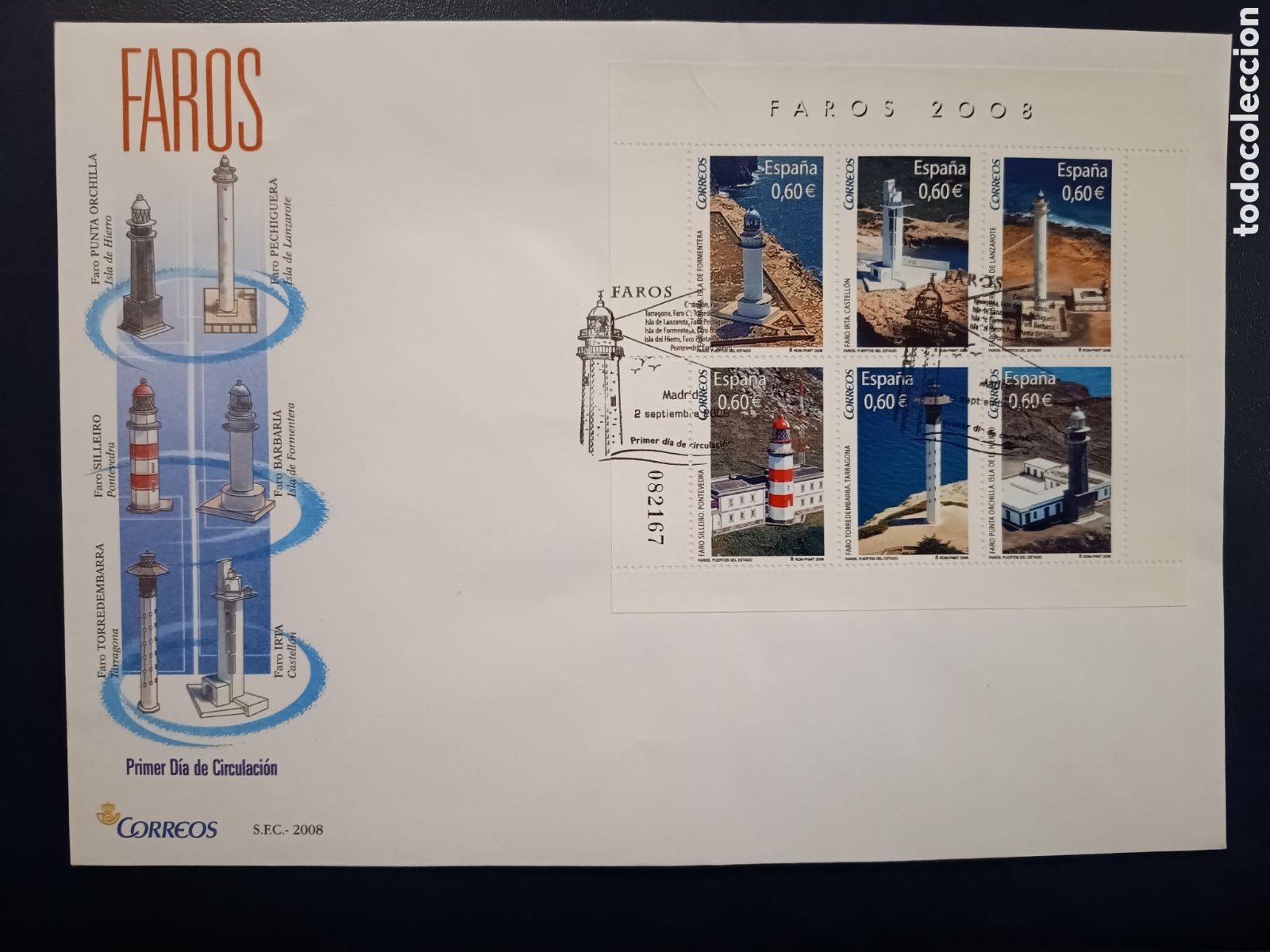 Sellos: SOBRE PRIMER D&Iacute;A - FAROS - 2 DE SEPTIEMBRE DE 2008