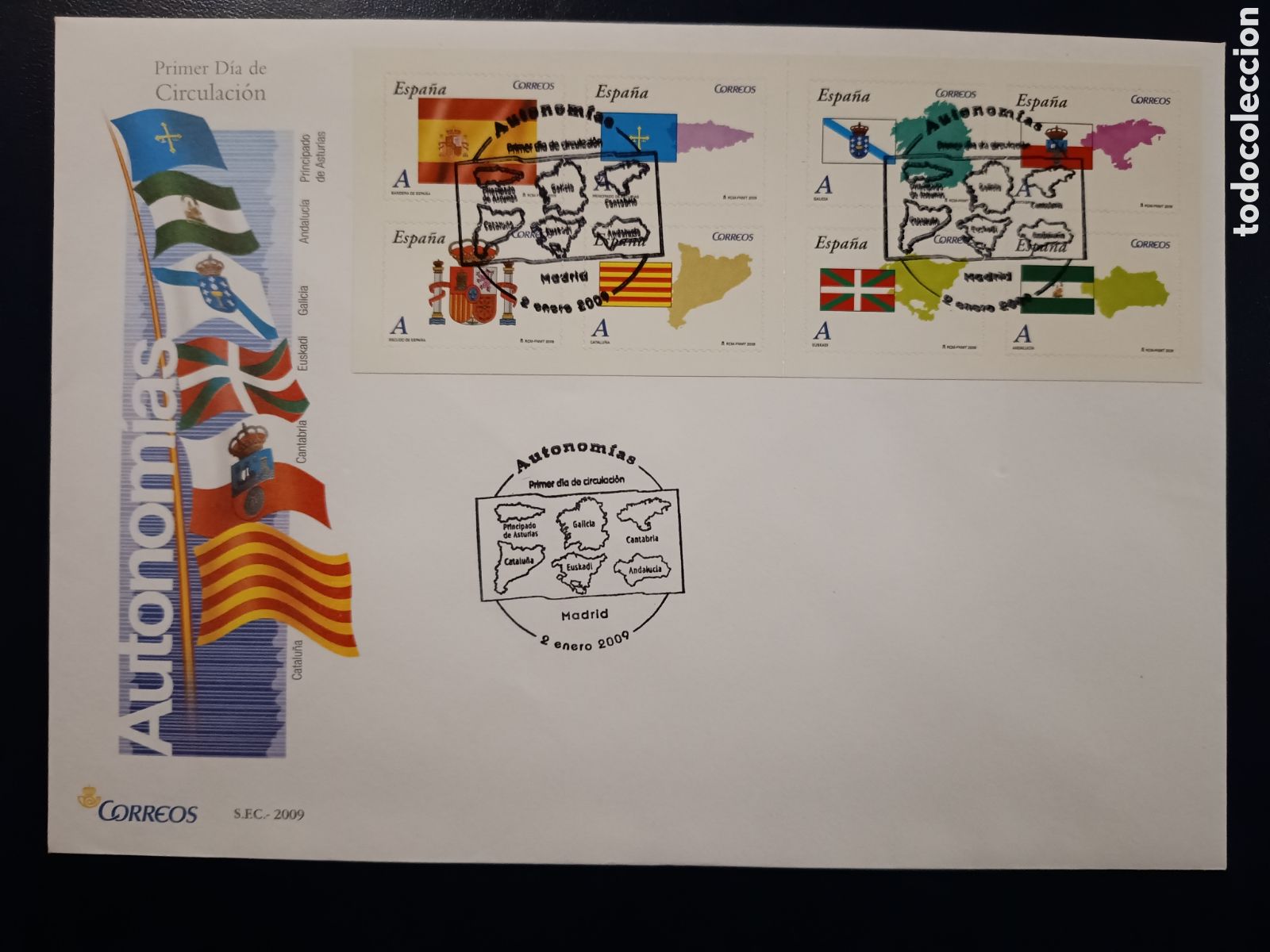 Selos: SOBRE PRIMER D&Iacute;A - AUTONOM&Iacute;AS - CATALU&Ntilde;A, CANTABRIA, EUSKADI, GALICIA... - 2 DE ENERO DE 2009
