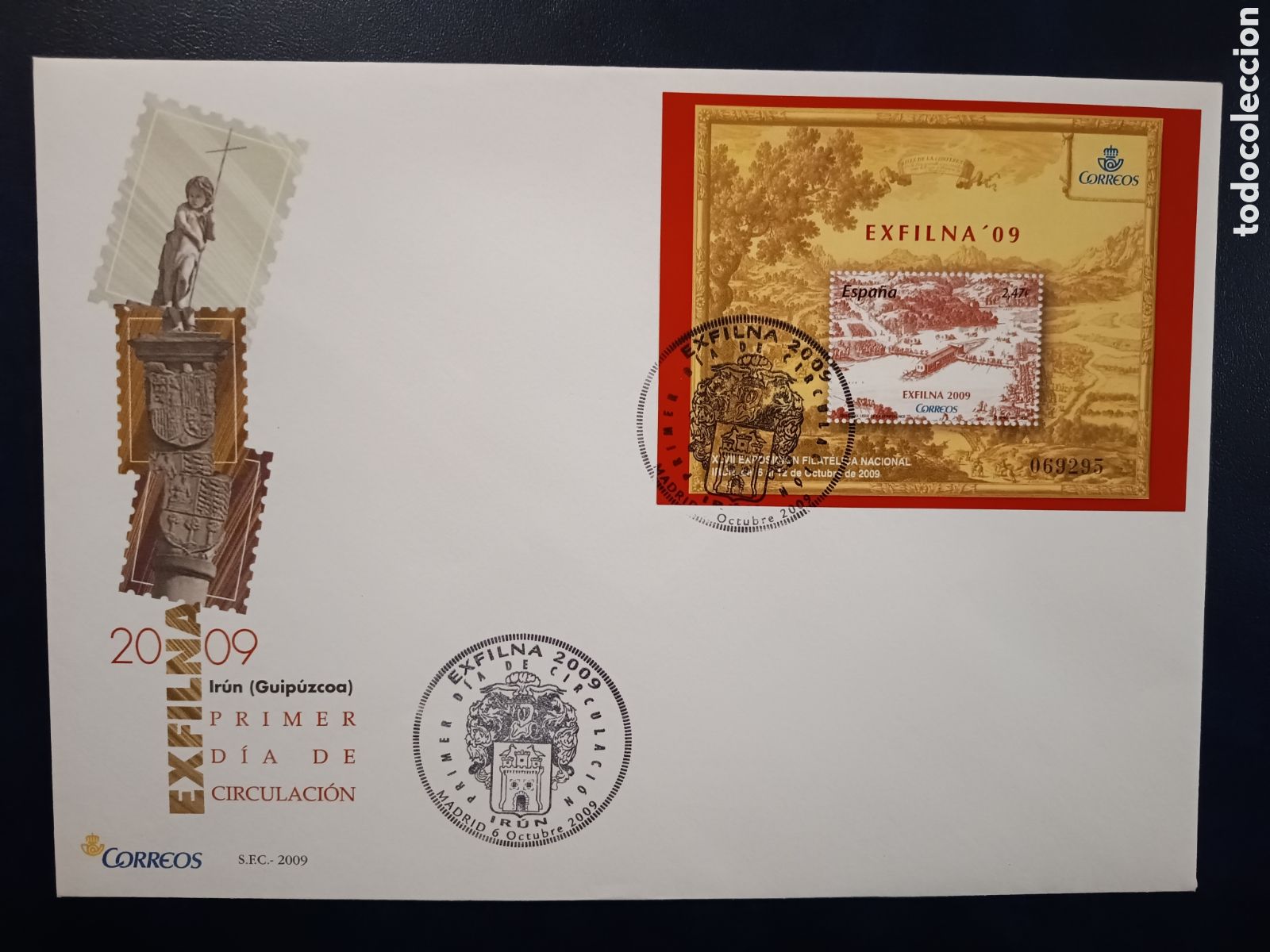 Sellos: SOBRE PRIMER D&Iacute;A - EXFILNA 2009 - IRUN GUIPUZCOA - 6 DE OCTUBRE DE 2009