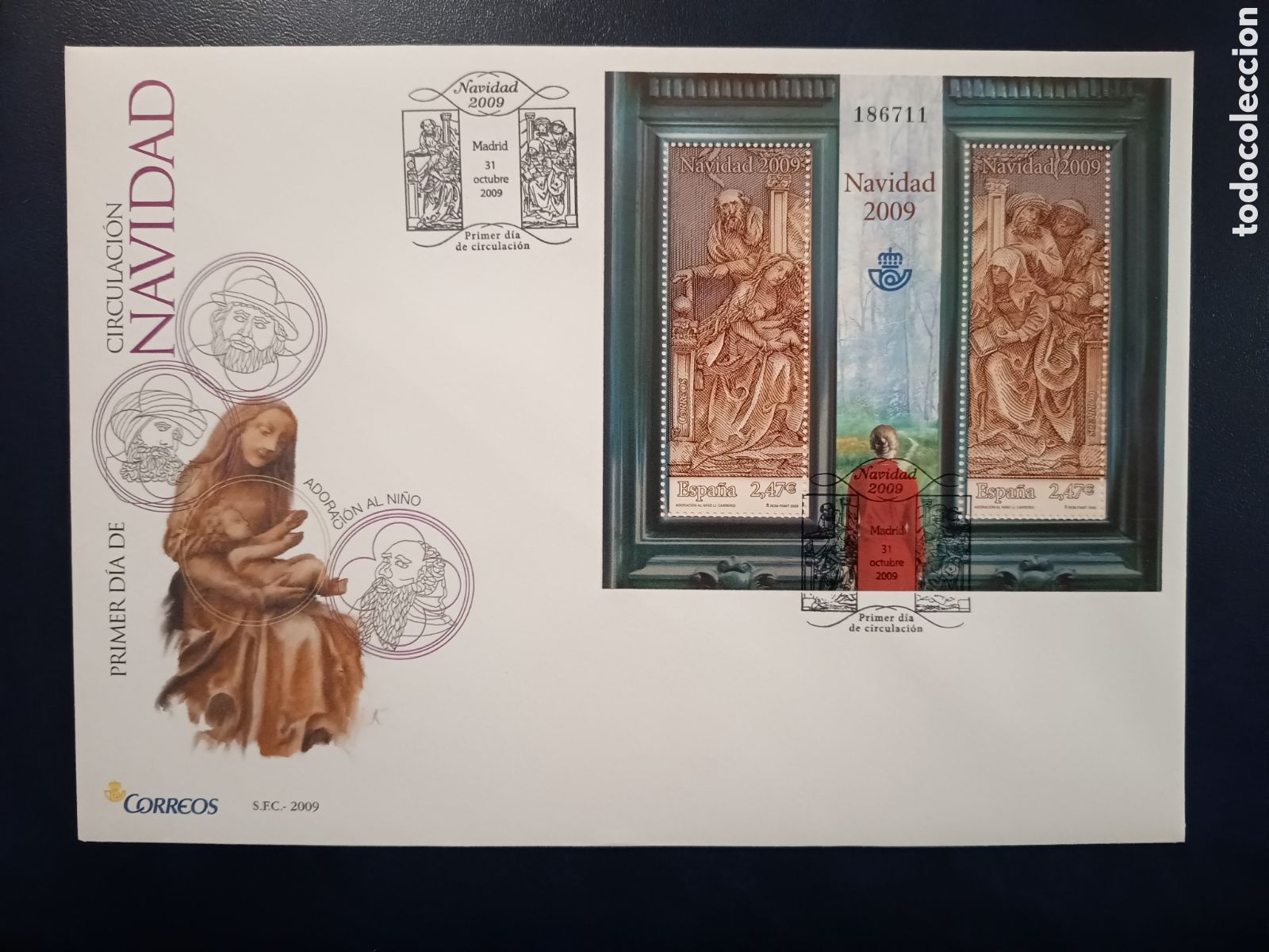 Sellos: SOBRE PRIMER D&Iacute;A - NAVIDAD ADORACI&Oacute;N AL NI&Ntilde;O - 31 DE OCTUBRE DE 2009