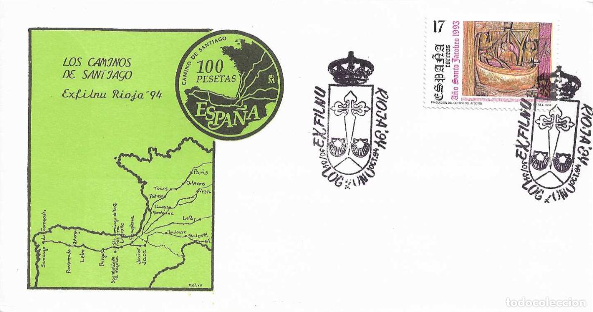 Selos: EL CAMINO DE SANTIAGO RIOJA-94 EXFILNU, LOGRO&Ntilde;O 1994. MATASELLOS EN RARO SOBRE ILUSTRADO