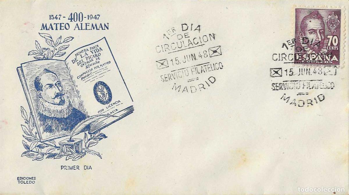Sellos: MATEO ALEMAN PERSONAJES 1948 (EDIFIL 1036) EN SOBRE PRIMER DIA DE ET AZUL SIN CIRCULAR RARO ASI