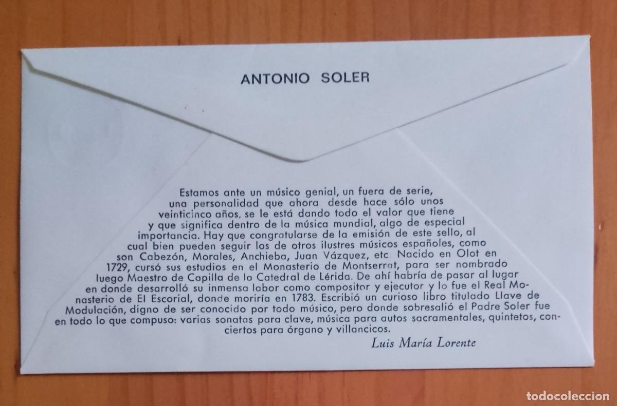 Sellos: SOBRE PRIMER DIA CIRCULACION - ANTONIO SOLER - Foto 2