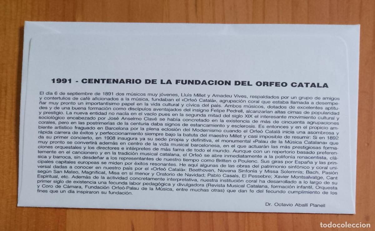 Sellos: SOBRE PRIMER DIA - CENTENARIO DE LA FUNDACI&Oacute;N DEL ORFEO CATALA - Foto 2