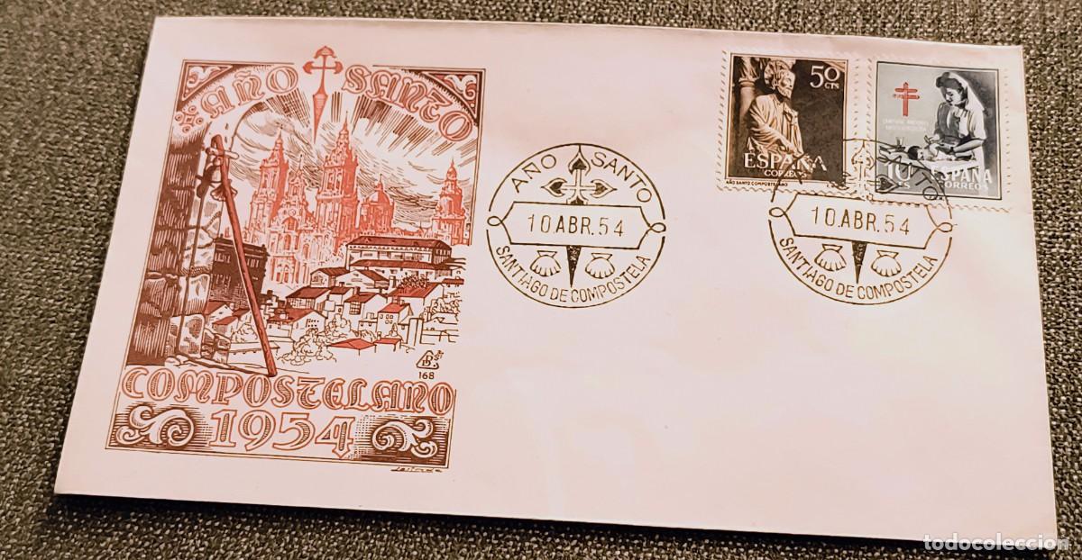 Sellos: SOBRE PRIMER D&Iacute;A | A&Ntilde;O SANTO COMPOSTELANO - 1954 - Foto 1