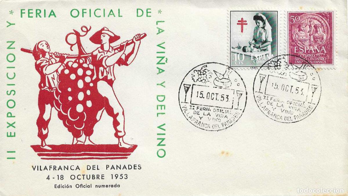 Briefmarken: VINO II FERIA VI&Ntilde;A, VILLAFRANCA PANADES (BARCELONA) 15 OCTUBRE 1953 MATASELLOS SOBRE SIN CIRCULAR EO