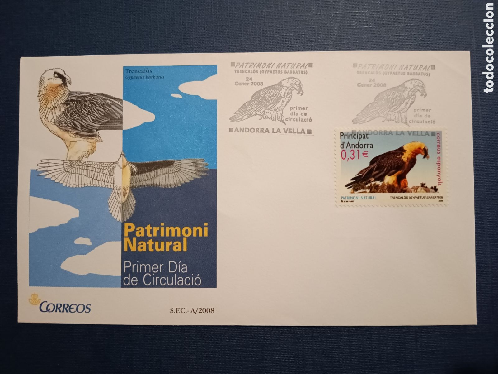 Selos: ANDORRA - SOBRE PRIMER DIA - 24 GENER 2008 - PATRIMONI NATURAL - TRENCALOS - GYGPAETUS BARBATOS