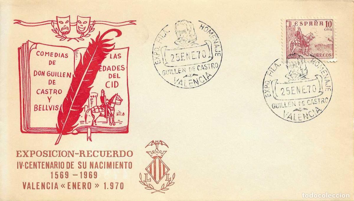 Sellos: GUILLEN DE CASTRO EXPOSICION HOMENAJE, VALENCIA 25 ENERO 1970. MATASELLOS EN SOBRE MOD 1 RARO ASI