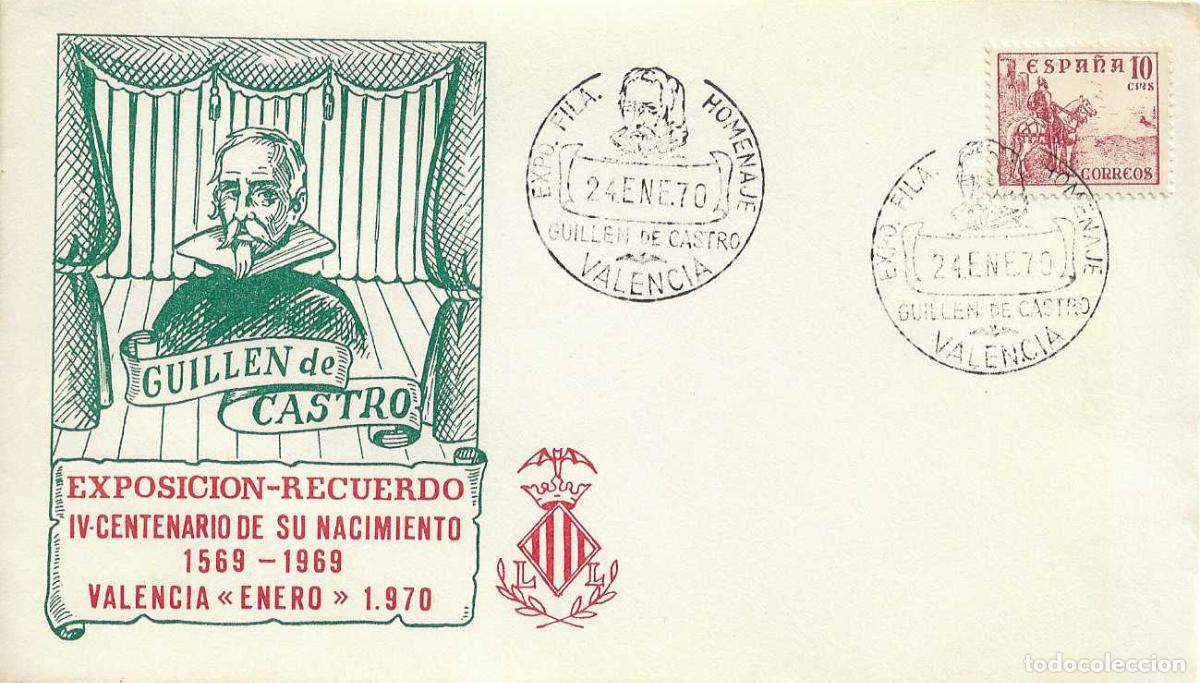 Sellos: GUILLEN DE CASTRO EXPOSICION HOMENAJE, VALENCIA 24 ENERO 1970. MATASELLOS EN SOBRE MOD 2 RARO ASI