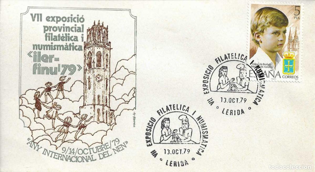 Sellos: A&Ntilde;O INTERNACIONAL DEL NI&Ntilde;O VII EXPOSICION, LERIDA 13 OCTUBRE 1979. MATASELLOS RARO SOBRE ILUSTRADO