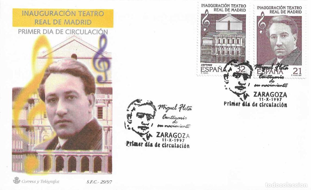 Sellos: MIGUEL FLETA INAUGURACION TEATRO REAL MADRID 1997 (EDIFIL 3514/15) SPD SERVICIO FILATELICO ZARAGOZA