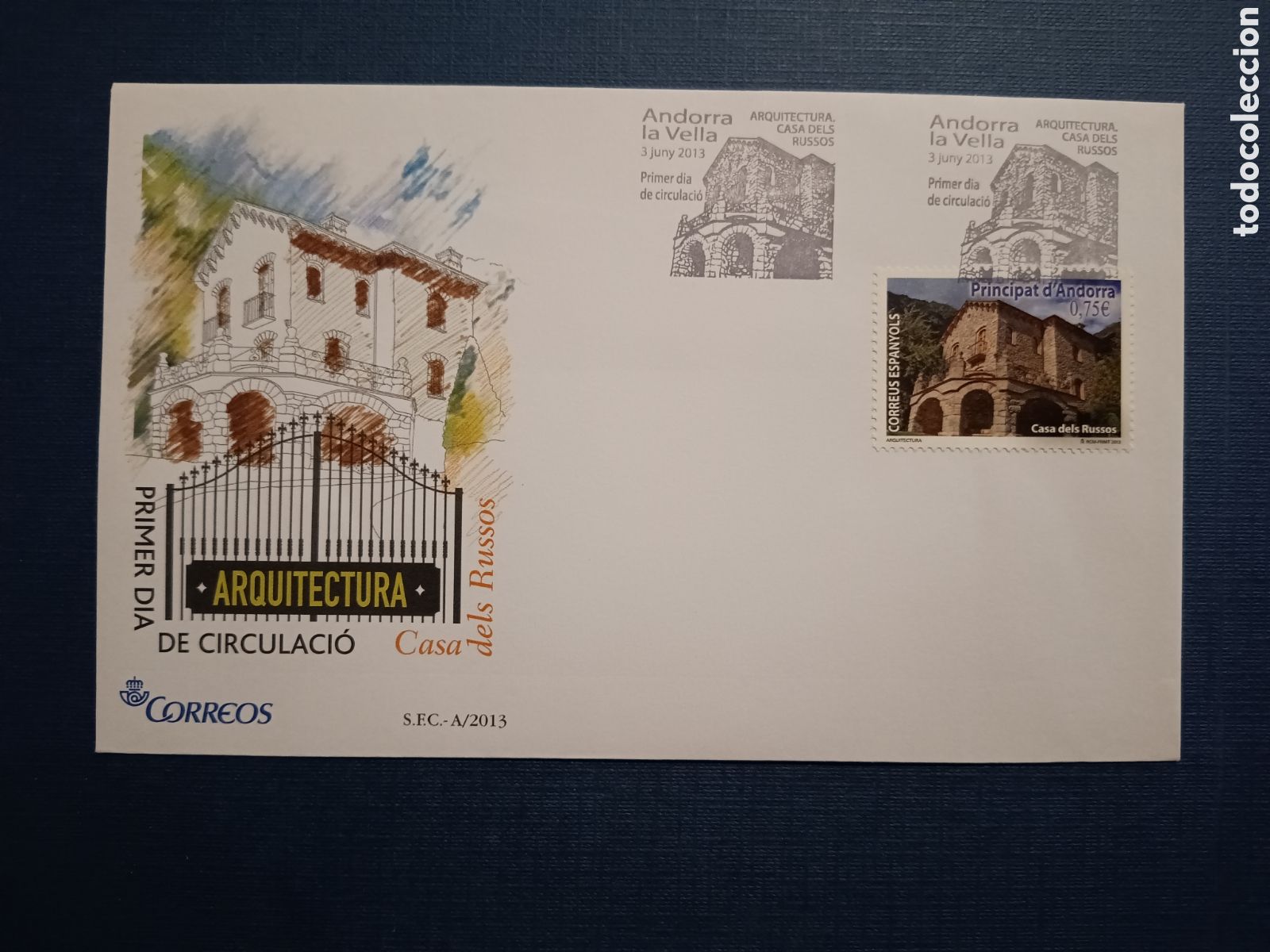 Sellos: ANDORRA - SOBRE PRIMER DIA - 3 JUNIO 2013 - ARQUITECTURA - CASA DELS RUSSOS
