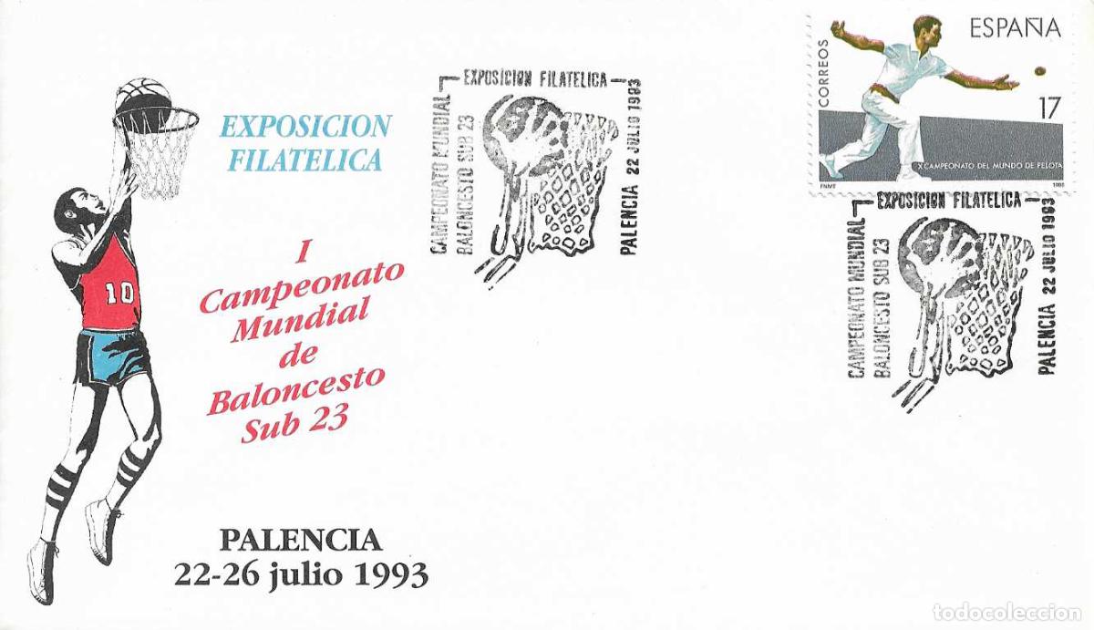 Selos: BALONCESTO SUB 23 CAMPEONATO MUNDIAL EXPOSICION, PALENCIA 1993. MATASELLOS EN RARO SOBRE ILUSTRADO
