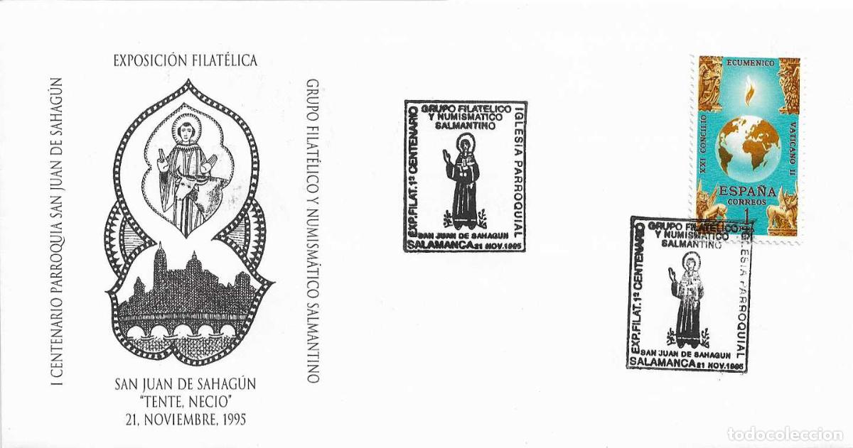 Sellos: IGLESIA PARROQUIAL SAN JUAN DE SAHAGUN CENTENARIO, SALAMANCA 1995. MATASELLOS SOBRE MOD 1 RARO ASI