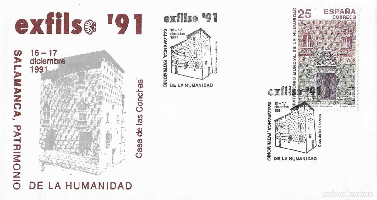 Sellos: CASA DE LAS CONCHAS SALAMANCA PATRIMONIO HUMANIDAD EXFILSE 91, SALAMANCA 1991 MATASELLOS SOBRE MOD 1
