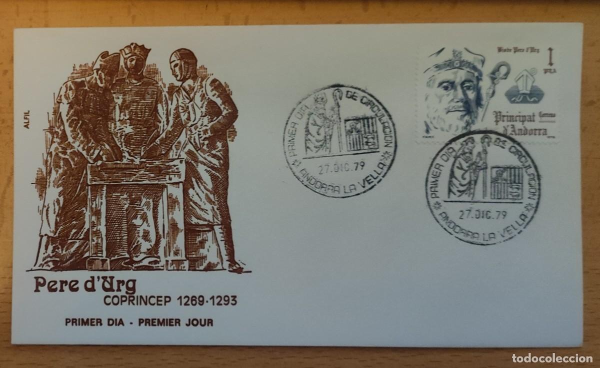 Stamps: ANDORRA - SOBRE PRIMER DIA CIRCULACION - MATASELLADO - 1979 - PERE D&acute;URG COPRINCEP 1269-1293 -NUEVO