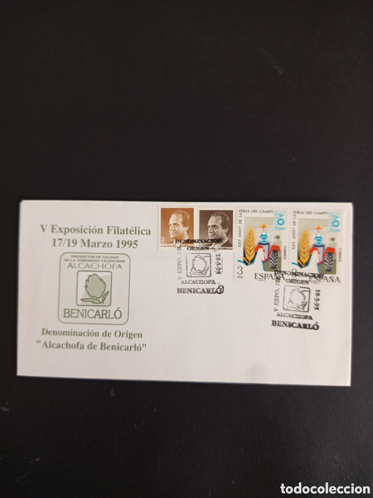 Sellos: Espa&ntilde;a, 1995. Benicarl&oacute;. Matasello &rdquo;Denominaci&oacute;n de origen: alcachofa de Benicarl.Pedido m&iacute;nimo 3&euro;