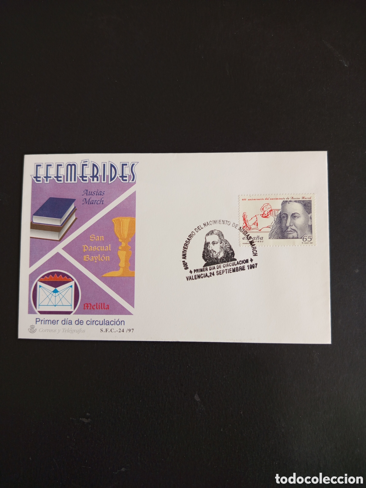 Sellos: Espa&ntilde;a, 1997. Sobre y Matasello 1er D&iacute;a Valencia Ausi&agrave;s March. Pedido m&iacute;nimo 3 &euro;. Ver fotos