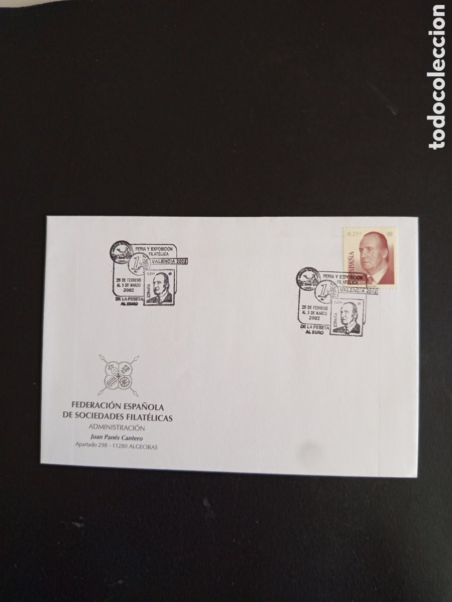 Sellos: Espa&ntilde;a, 2002. Sobre y Matasello Valencia &rdquo; De la peseta al euro&rdquo;. Pedido m&iacute;nimo 3 &euro;. Ver fotos.