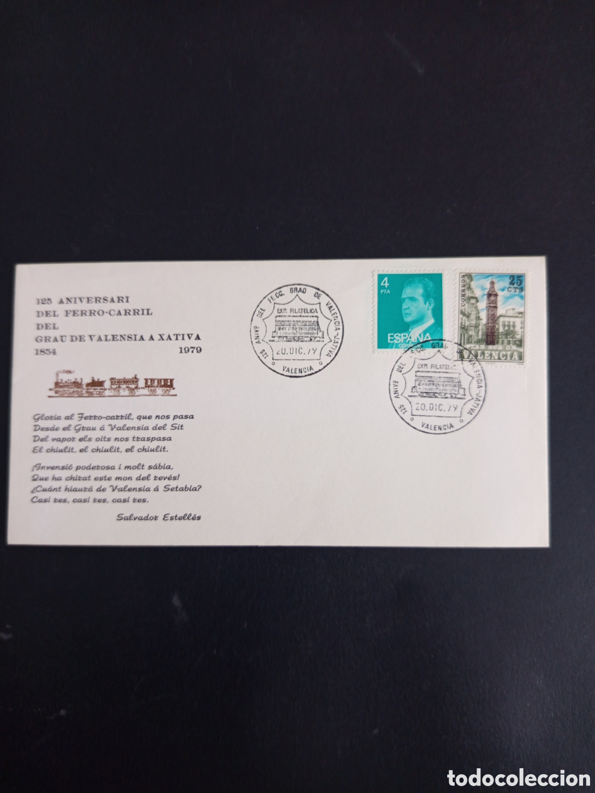Sellos: Espa&ntilde;a, 1979. Sobre y Matasello Valencia &rdquo;125 a&ntilde;os Ferrocarril Grau de Valencia a Xativa.