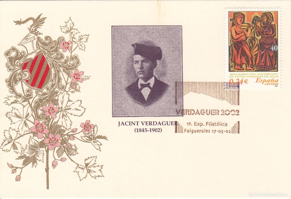 Sellos: MATASELLOS JACINT VERDAGUER - VERDAGUER 2002 - FOLGUEROLES EN TARJETA EMITIDA POR EL AYUNTAMIENTO