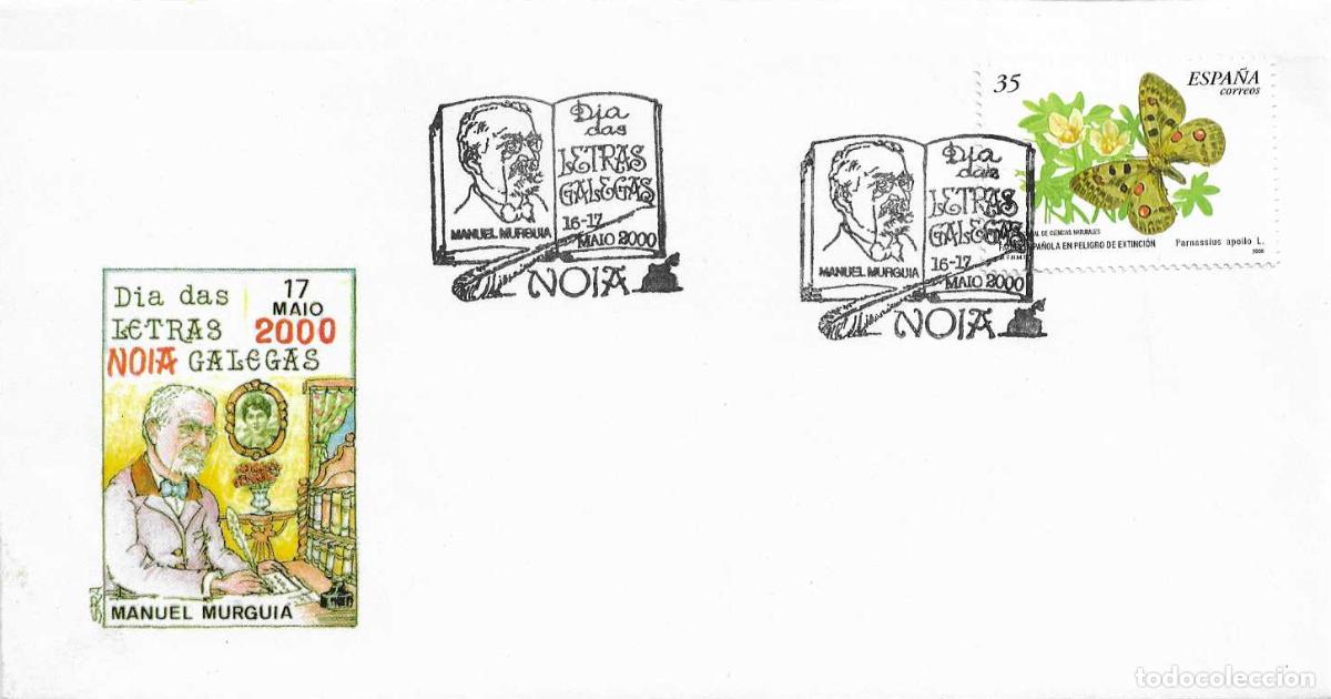 Sellos: MANUEL MURGUIA DIA DAS LETRAS GALEGAS, NOIA (CORU&Ntilde;A) 2000. MATASELLOS EN RARO SOBRE ILUSTRADO