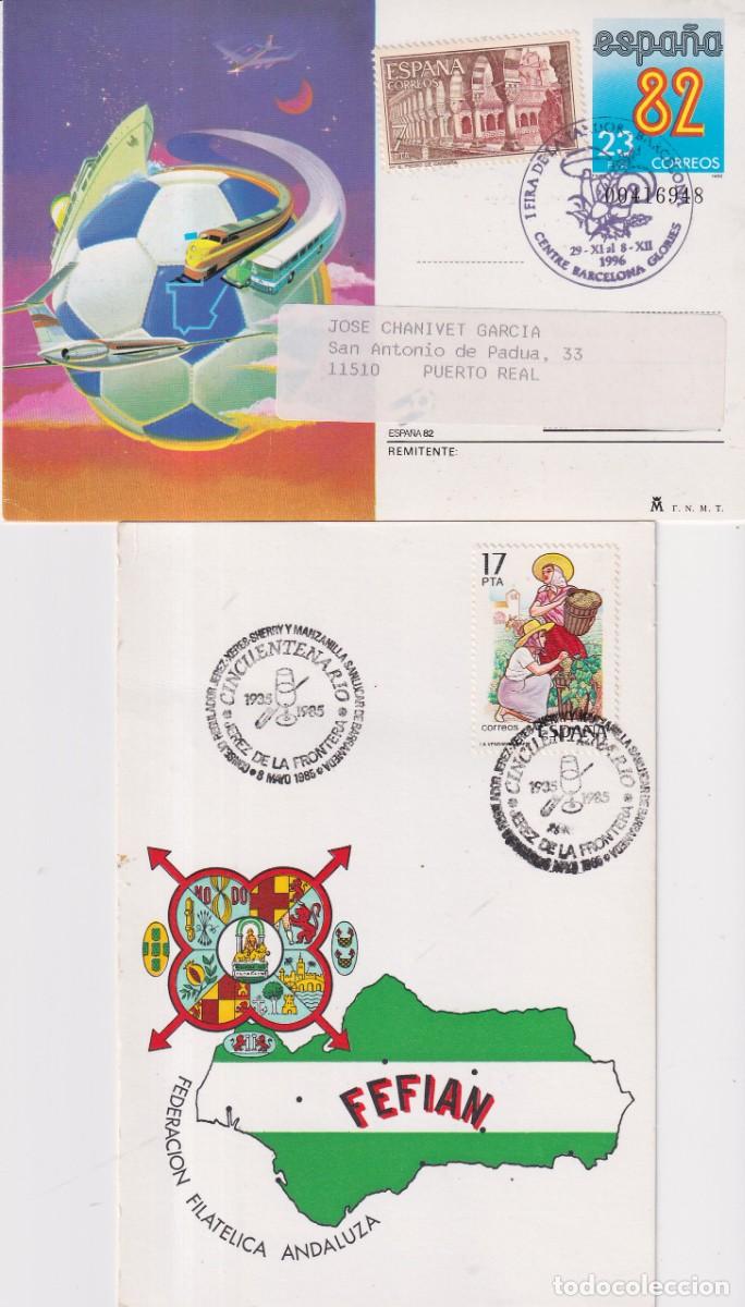 Sellos: ENTERO POSTAL ESPA&Ntilde;A 82 + CARTULINA FEFIAN CON MATASELLOS ESPECIALES BARCELONA Y JEREZ
