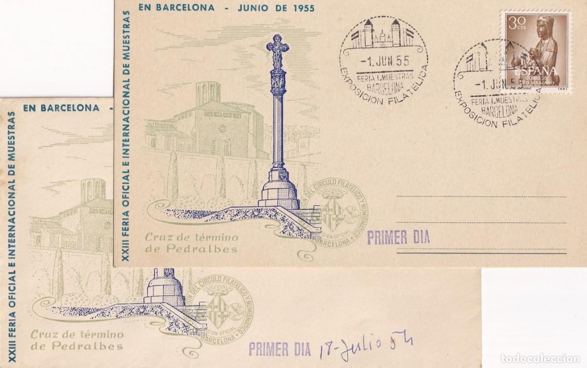 Sellos: SPD + Tarjeta Barcelona 1955 - Cruz de t&eacute;rmino de Pedralbes - XXIII Feria Oficial e Int. de Muestras