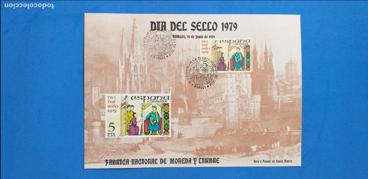 Sellos: Hoja Recuerdo. EXFILNA 79 Burgos. sello 5 peseta dia del sello 1979. EDIFIL 2526.