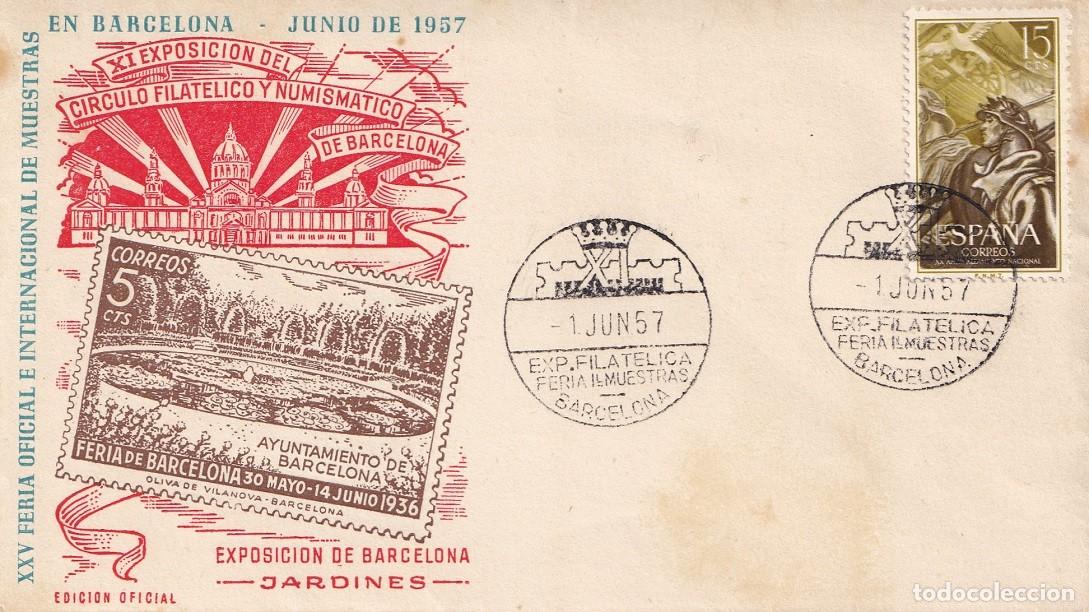 Sellos: Sobre oficial Barcelona 1957 - XXV Feria Oficial e Internacional de Muestras - Jardines - XI Exp C&iacute;r
