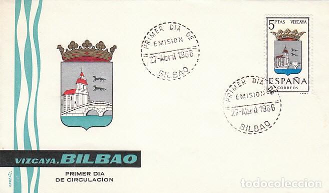 Sellos: EDIFIL 1699, ESCUDO DE VIZCAYA, PRIMER DIA MATASELLO DE BILBAO DE 1966, SOBRE DE ARRONIZ